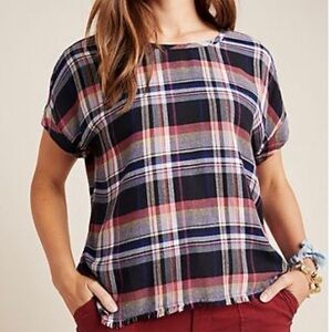 Cloth & Stone for Anthropologie Mallory Plaid Short Sleeve Back Button Blouse-Sm